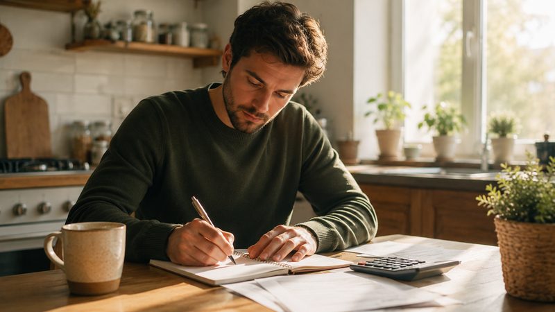 Person planning a way out of payday loan debt at a kitchen table with a notebook and calculator