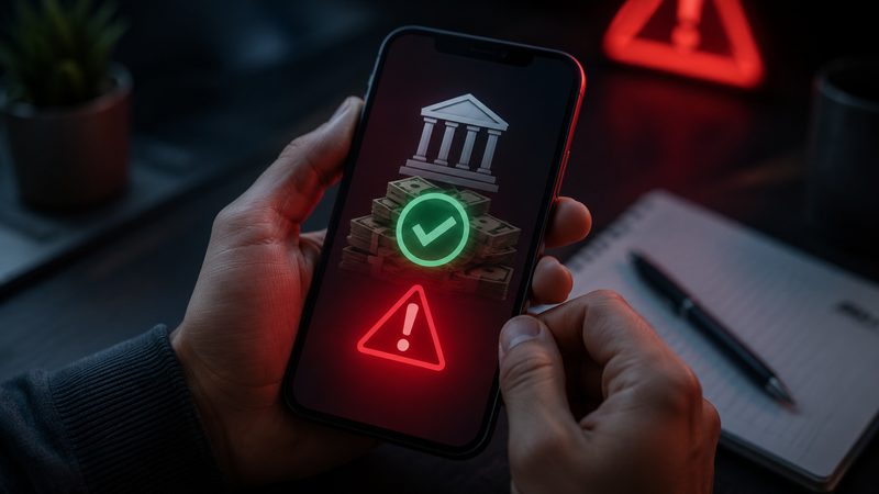 Person checking a lender on a smartphone with a red warning alert — verifying a payday lender's Washington state license